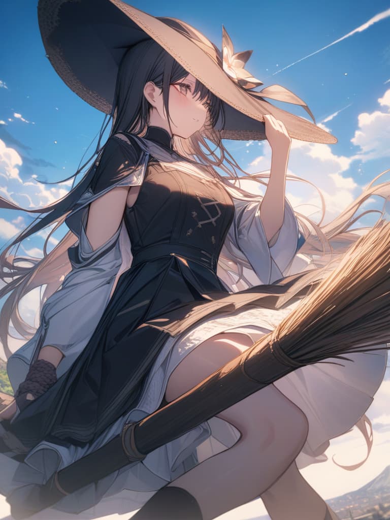  witch, hold a hat by hand, girls, sideways sitting on it, flying in the sky, riding on a broom, masterpiece, best quality,8k,ultra detailed,high resolution,an extremely delicate and beautiful,hyper detail