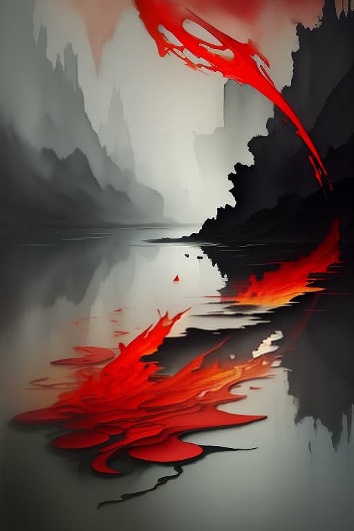  a river of fire, a broken sword floating on the water. painted with brush and paints, watercolor, smooth shadows. ashes, black, red., (surrealism), dreamlike , distorted , abstract , symbolic