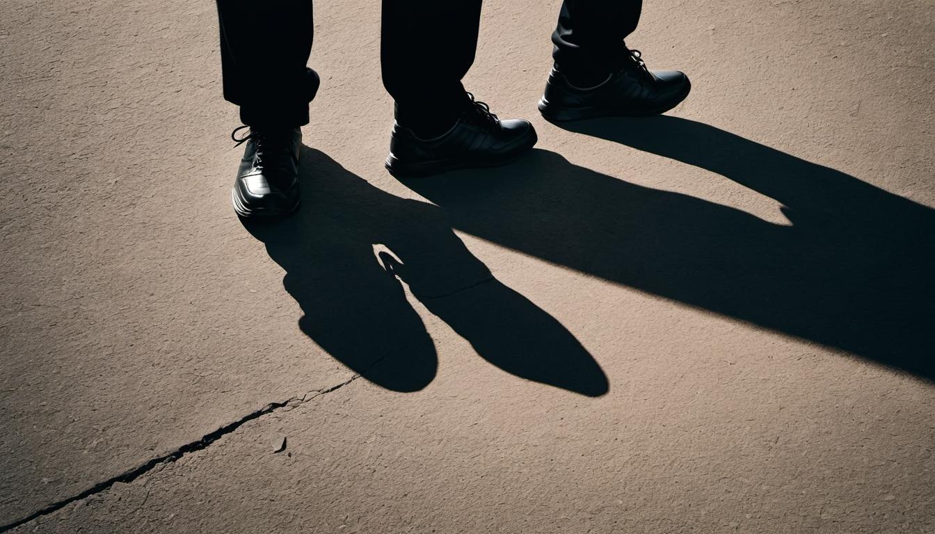  （surrealism)an empty pair of shoes next to a shadow of a person, symbolic representation of stepping into another's shoes, dusk setting, long shadows, surreal, symbolic mystic, intricate details, best quality)