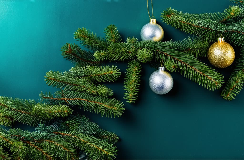  professional detailed photography, new year vertical dark turquoise background with gold and silver balls on fir branches with space for text ar 3:2, (muted colors, dim colors, soothing tones), (vsco:0.3)