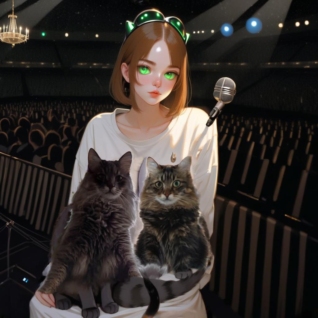  girl with dark green eyes, two cats, space, spotlights, view from the stage, microphone, music, royal grace