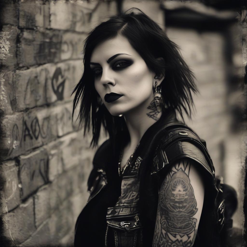  portrait of a female rocker, expressive eyes, tattoos, attitude, sultry, pictorialism, dystopian, grim dark, goth, chiaroscuro, contrast, surrealism, gritty background, , grunge, graffiti