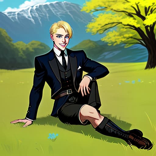  blue eyed god blonde guys with short hair in black adventurer's clothes sits on the grass and smiles