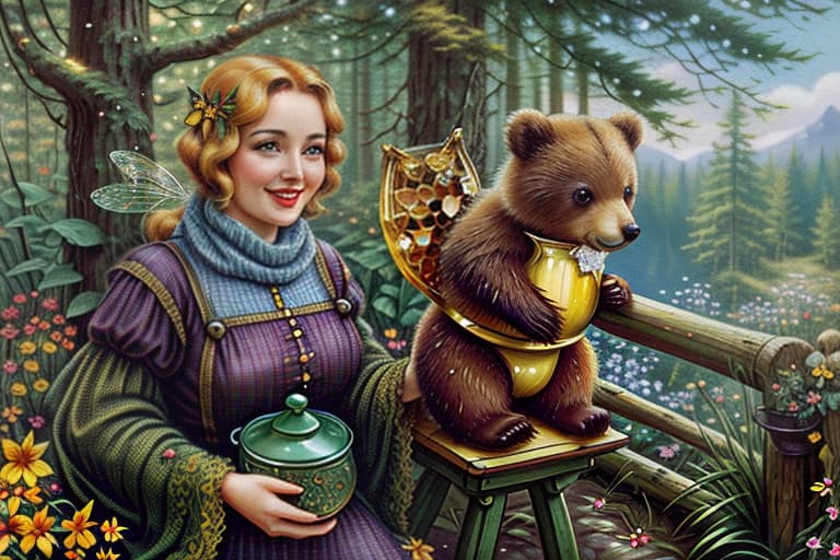  ((greeting card)). ((postcard background)):summer, forest sunny, glade on which sits a cheerful little bear cub with a pot of honey. ((postcard frame1,5)):decorated with golden honey drops and honeycomb in fantasy style.(style):fantasy, fairy tale, art design, postcard, vintage, cartoon, smiling, adorable little bear, honey pot, treat, honey, bees, honeycomb. (colours):brown, light brown, beige, blue, white, gold, turquoise, green, gold and black., photorealistic, hyperrealistic, hyperdetailed, analog style, demure, detailed skin, pores, smirk, smiling eyes, matte skin, soft lighting, subsurface scattering, realistic, heavy shadow, masterpiece, best quality, ultra realistic, 8k, golden ratio, intricate, high detail, film photography, soft  hyperrealistic, full body, detailed clothing, highly detailed, cinematic lighting, stunningly beautiful, intricate, sharp focus, f/1. 8, 85mm, (centered image composition), (professionally color graded), ((bright soft diffused light)), volumetric fog, trending on instagram, trending on tumblr, HDR 4K, 8K