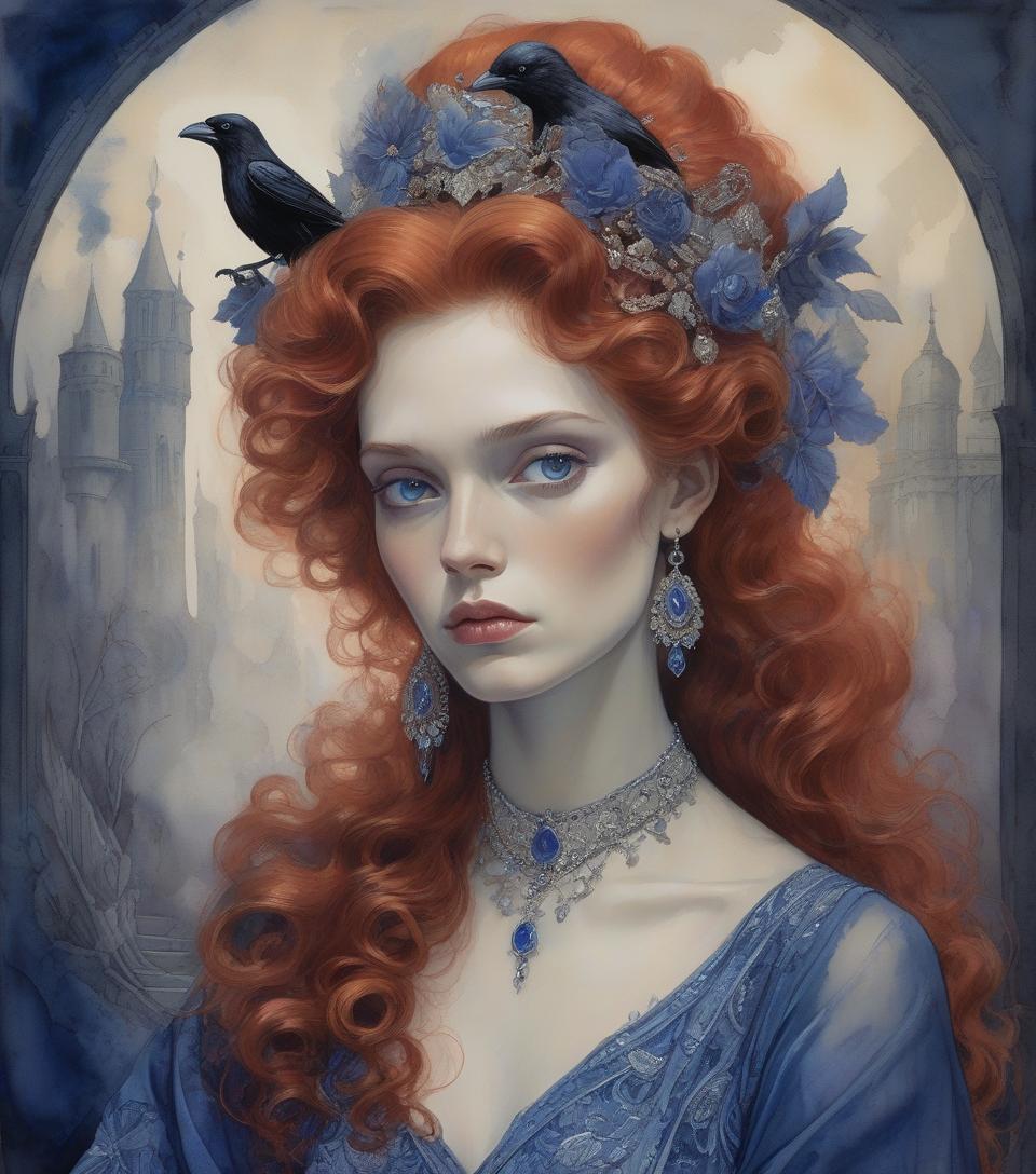  a portrait of a woman with voluminous red hair, fair skin, in a detailed blue gown with ornate jewelry, exuding a regal aura. ((watercolor oil painting, red lighting shadows, gail potocki, sergio toppi, leonor fini, sidney sime)) a beautiful young woman with hair the color of spun copper, adorned in a rich blue dress with violet hues, its fabric detailed with intricate silver embroidery that hints at a past life of opulence, now tarnished by loss. she is surrounded by forgotten treasures, the moonlight illuminating her lost dreams. a night black raven near her shoulder, maybe, she could mend the broken pieces of her own heart, one stitch at a time.