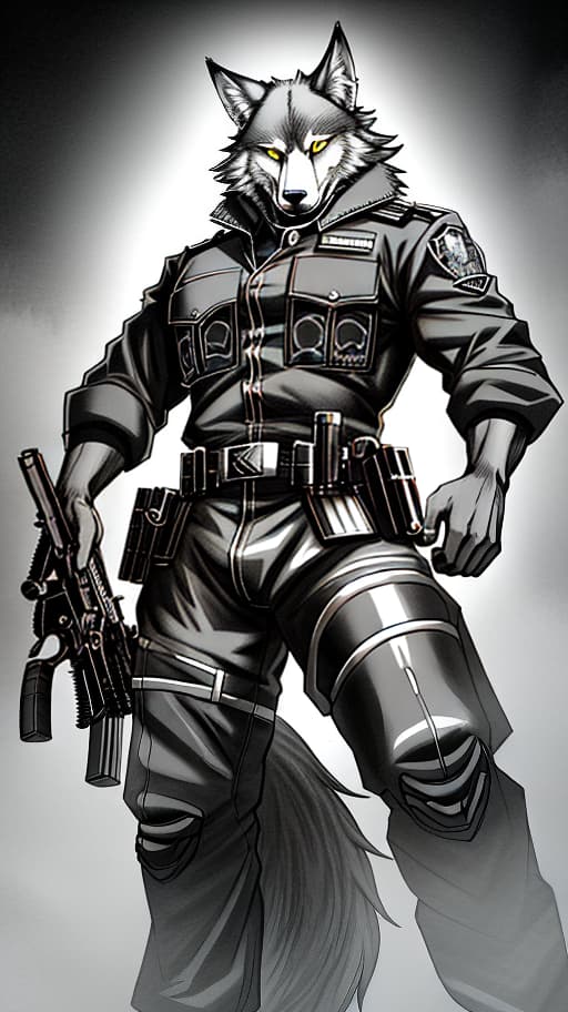  Wolf man in police uniform with a gun, Sketch, Manga Sketch, Pencil drawing, Black and White, Manga, Manga style, Low detail, Line art, vector art, Monochromatic, by katsuhiro otomo and masamune shirow and studio ghilibi and yukito kishiro hyperrealistic, full body, detailed clothing, highly detailed, cinematic lighting, stunningly beautiful, intricate, sharp focus, f/1. 8, 85mm, (centered image composition), (professionally color graded), ((bright soft diffused light)), volumetric fog, trending on instagram, trending on tumblr, HDR 4K, 8K