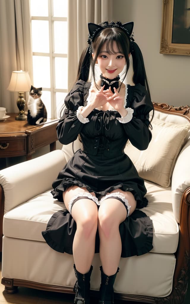  (32K, Real, RAW developed, best quality: 1.4))), (((Beautiful big eyes, double eyelids))), (((Actress: Mochiyu Honda,))), (((Big smile))), (Black hair), (Wavy long hair)), Full anatomical body, (Delicate and beautiful eyes: 1. 3)), (((Couch, big thighs )))), (((natural light)), (((gothic lolita fashion))), (((mini skirt))), (((thigh revealing))), (((cat beckoning pose))), (((mini skirt))), (((thigh revealing))) hyperrealistic, full body, detailed clothing, highly detailed, cinematic lighting, stunningly beautiful, intricate, sharp focus, f/1. 8, 85mm, (centered image composition), (professionally color graded), ((bright soft diffused light)), volumetric fog, trending on instagram, trending on tumblr, HDR 4K, 8K