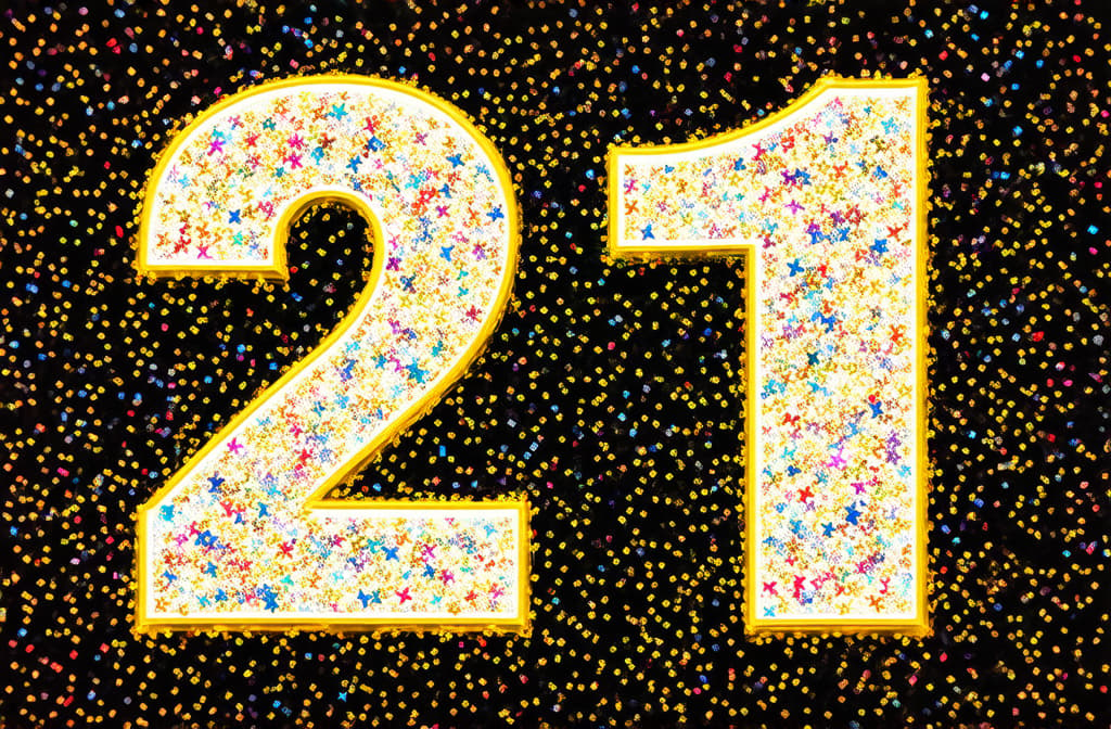  bright number “21” consisting of confetti ar 3:2 {prompt}, maximum details