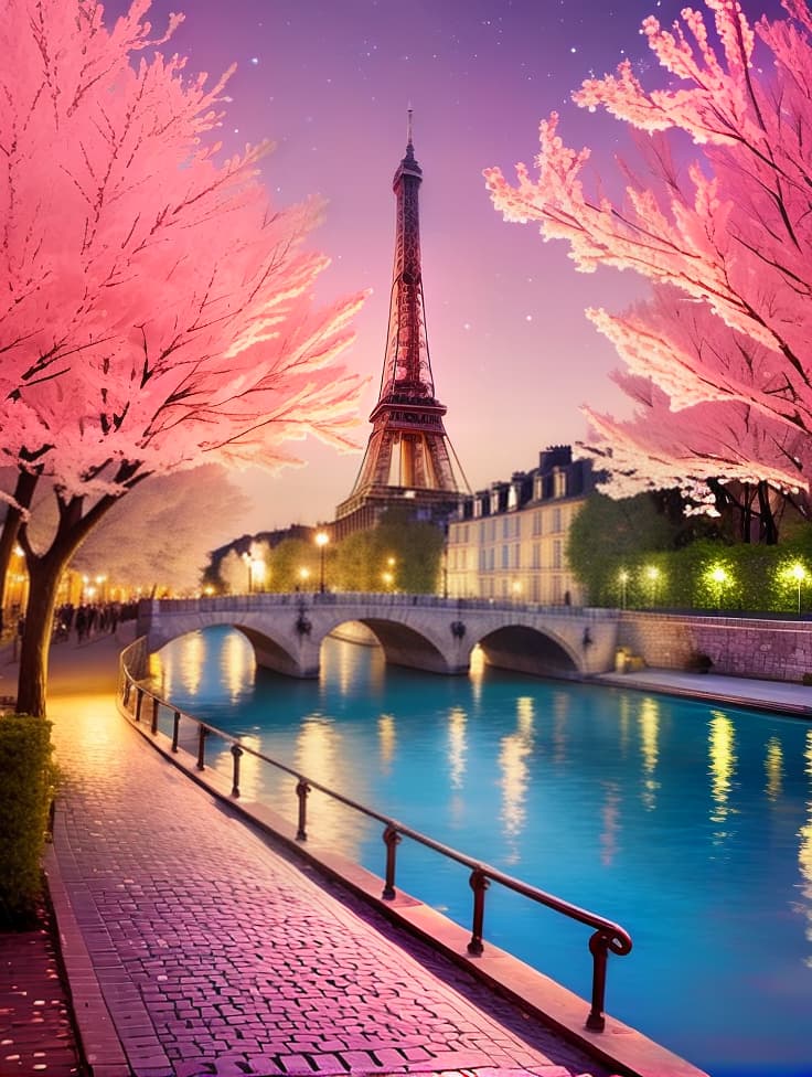  classic france with river background. romantic and love ambience. lights and moon