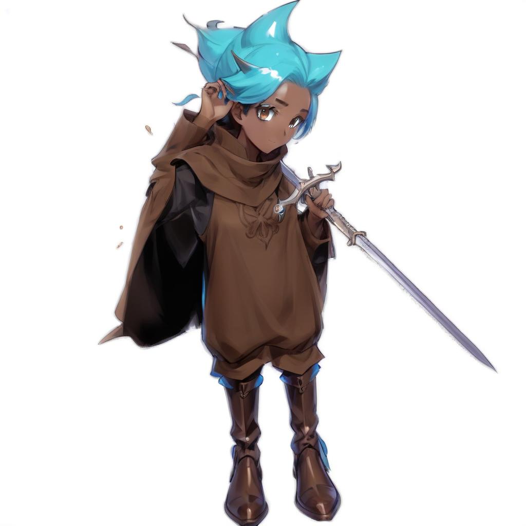  anime artwork feamle, merfolk , brown eyes, blue skin, brown medival clothes , drark brown boots, rapier on side, brown cloack, hands behind head, . anime style, key visual, vibrant, studio anime, highly detailed, on parchment