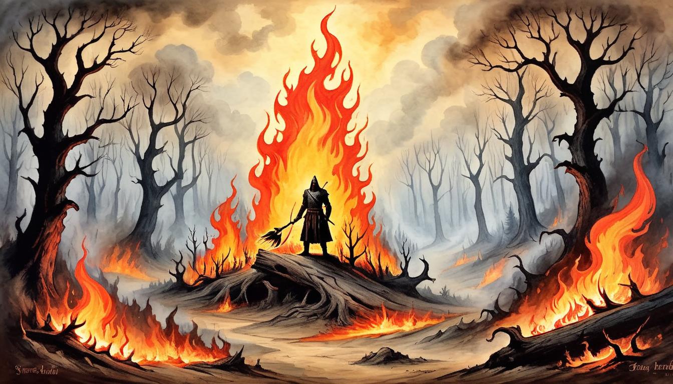  on parchment, surrealism+++, blazing wildfire, feeding on dry forest, consuming doubts, fierce flames, relentless, purifying(mysterious, provocative, symbolic,muted color)+++