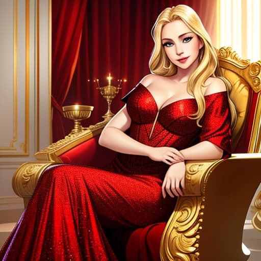  highest quality, ultra high resolution, (photorealistic: 1.4),40 woman, beautiful eyes, very beautiful, blonde beautiful, eyes inviting to view, eyes of a lover, alluring facial expression, smile, perfect style, perfect balance, detailed skin, eyes, glamorous , in a red dress , a lot money, sitting full length on the throne. picture