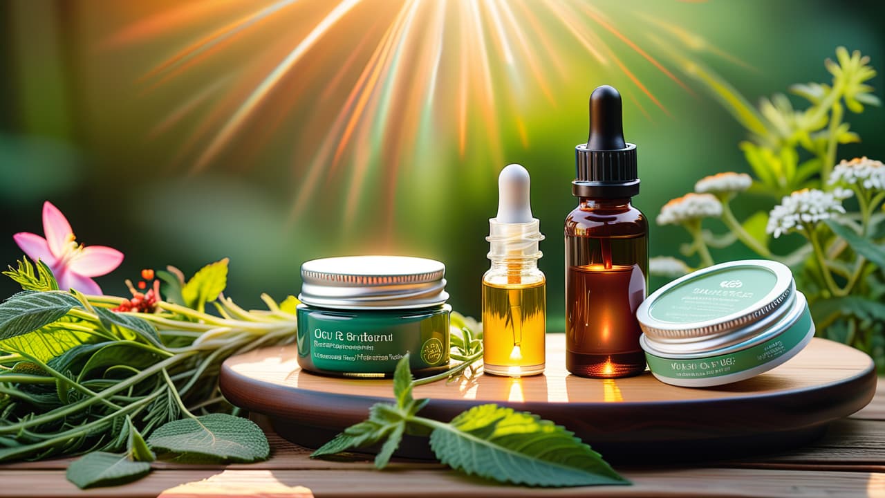  a serene display of various natural skincare products, including oils, creams, and herbal extracts, arranged on a wooden table surrounded by fresh herbs, flowers, and sunlight filtering through leaves, emphasizing purity and nature. hyperrealistic, full body, detailed clothing, highly detailed, cinematic lighting, stunningly beautiful, intricate, sharp focus, f/1. 8, 85mm, (centered image composition), (professionally color graded), ((bright soft diffused light)), volumetric fog, trending on instagram, trending on tumblr, HDR 4K, 8K