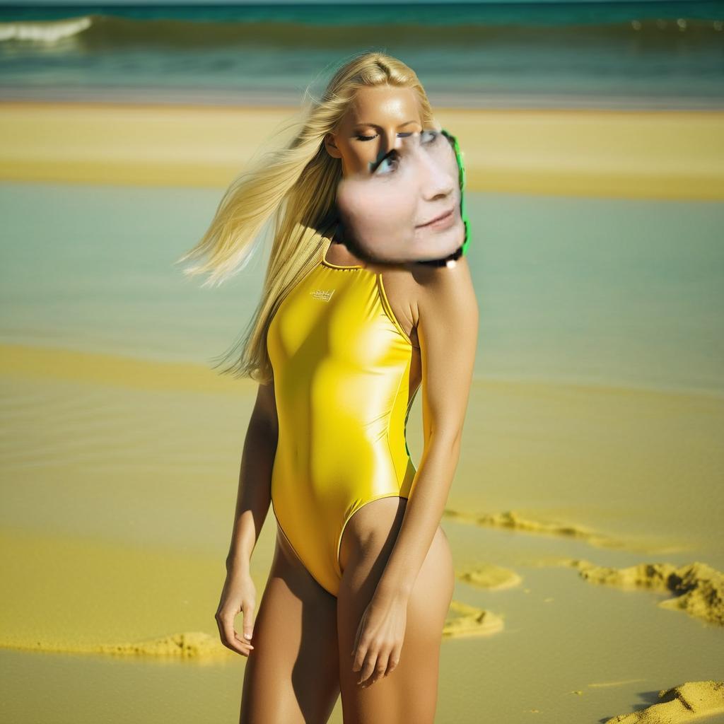  in the background is the (sea:1.4) and white sea sand, blondy long hair, dressed in (closed yellow swimming suit), maximum detail, maximum quality, specular lighting, shallow depth of field, smooth, cinematic film still