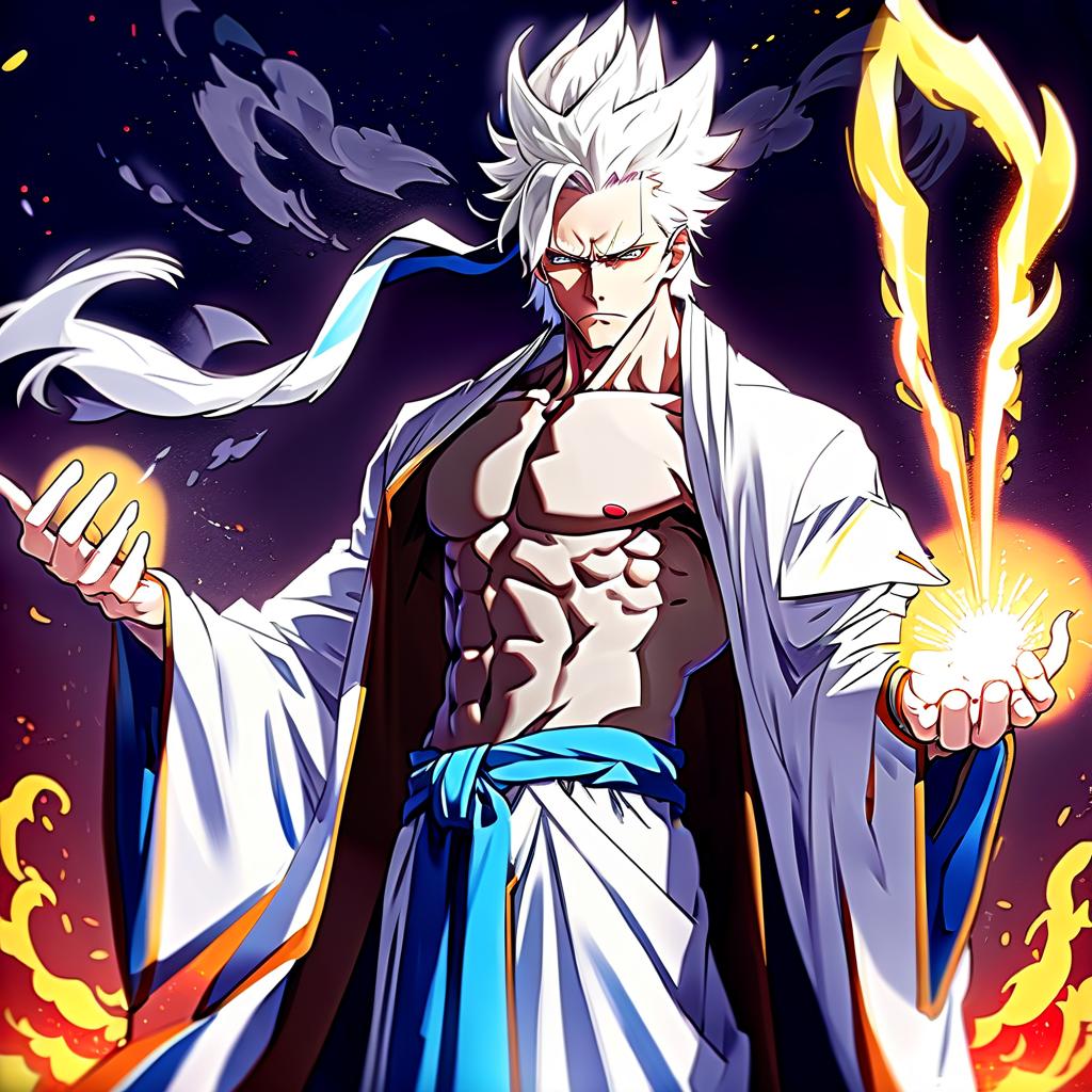  anime artwork manly, white haired, tall, sullen, divine robe, god of balance, middle aged, pumped body, pale skin, no beard. . anime style, key visual, vibrant, studio anime, highly detailed, perfecteyes, perfect hands