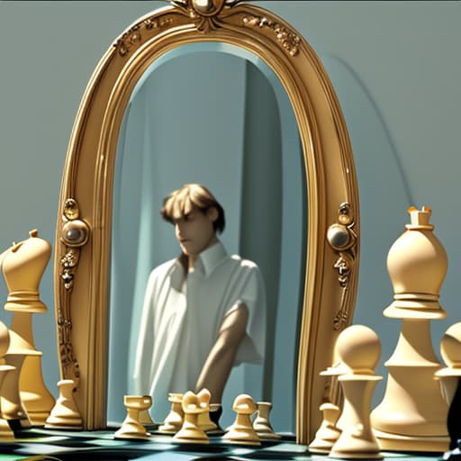  Chess pawn, staring into a mirror seeing himself as a king