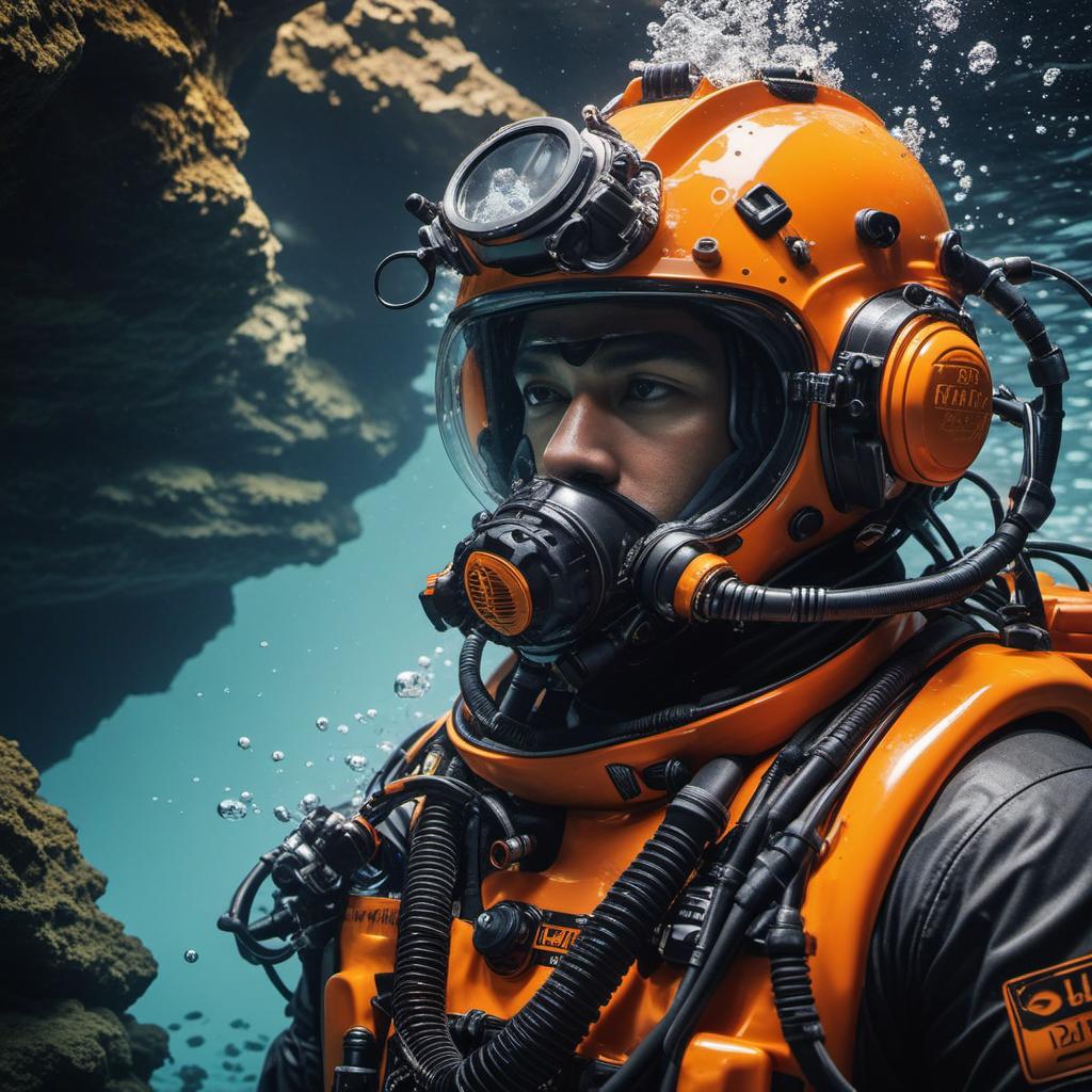  jb name, male, rebreather diver, thick loops, helmet in orange, cave diver, underwater, face view diver, fresh water, shoulder view, jb, cyberpunk style