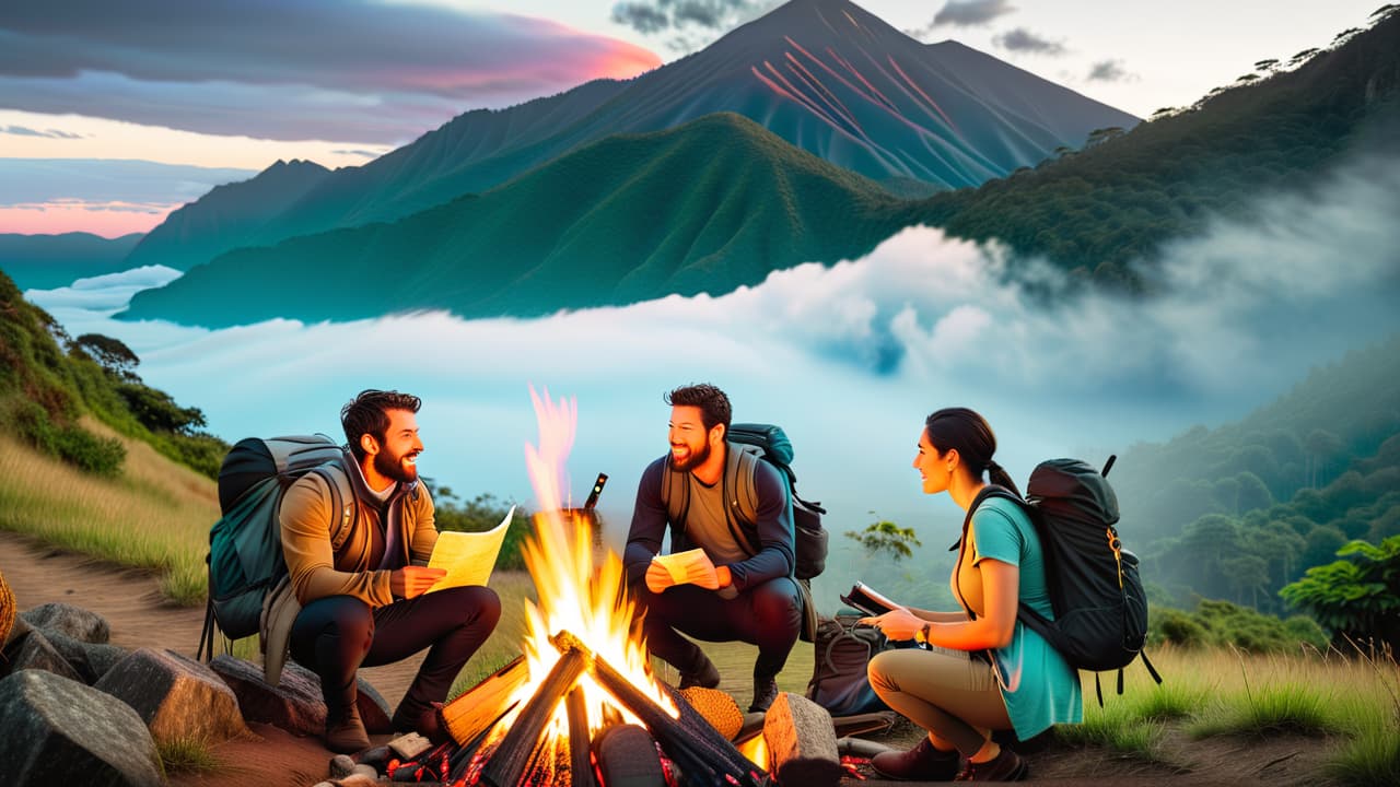  a vibrant collage of diverse travelers: a french couple with a map in hand, an australian backpacker by a campfire, a japanese solo traveler snapping photos, and a brazilian group hiking lush trails, all against stunning landscapes. hyperrealistic, full body, detailed clothing, highly detailed, cinematic lighting, stunningly beautiful, intricate, sharp focus, f/1. 8, 85mm, (centered image composition), (professionally color graded), ((bright soft diffused light)), volumetric fog, trending on instagram, trending on tumblr, HDR 4K, 8K