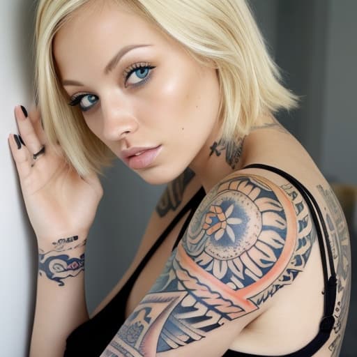  Blonde woman with tattoos on her arm