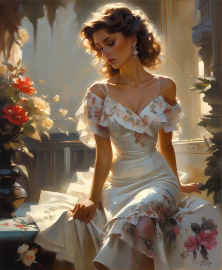  hyper realistic, young woman, vintage, dramatic light, oil on canvas, , white floral dress, art by frank frazetta, fabian perez, luis royo, daniel f.gerhartz, mary blair, michael garmash.