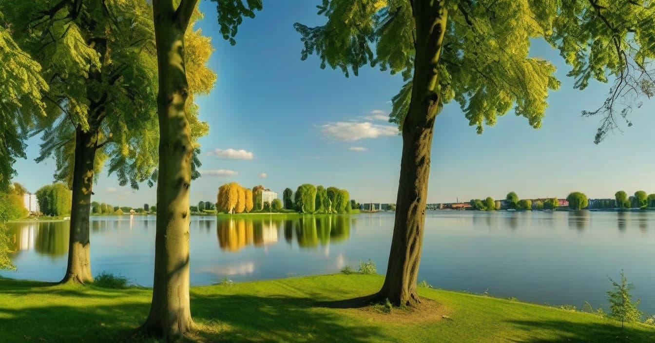  hdr photo of realistic landscape, metropolis in the distance, left linden tree and right linden tree, sunny summer day, wide angle camera, park, lake reflects trees, cinematic, bottom view . high dynamic range, vivid, rich details, clear shadows and highlights, realistic, intense, enhanced contrast, highly detailed