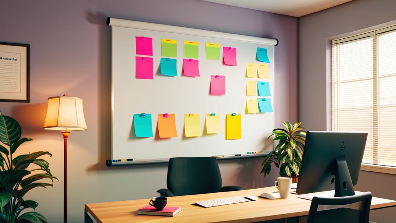  a serene office workspace with a large whiteboard displaying five colorful sticky notes, each labeled with a smart goal element. a potted plant and a cup of coffee sit nearby, creating an inviting atmosphere. hyperrealistic, full body, detailed clothing, highly detailed, cinematic lighting, stunningly beautiful, intricate, sharp focus, f/1. 8, 85mm, (centered image composition), (professionally color graded), ((bright soft diffused light)), volumetric fog, trending on instagram, trending on tumblr, HDR 4K, 8K