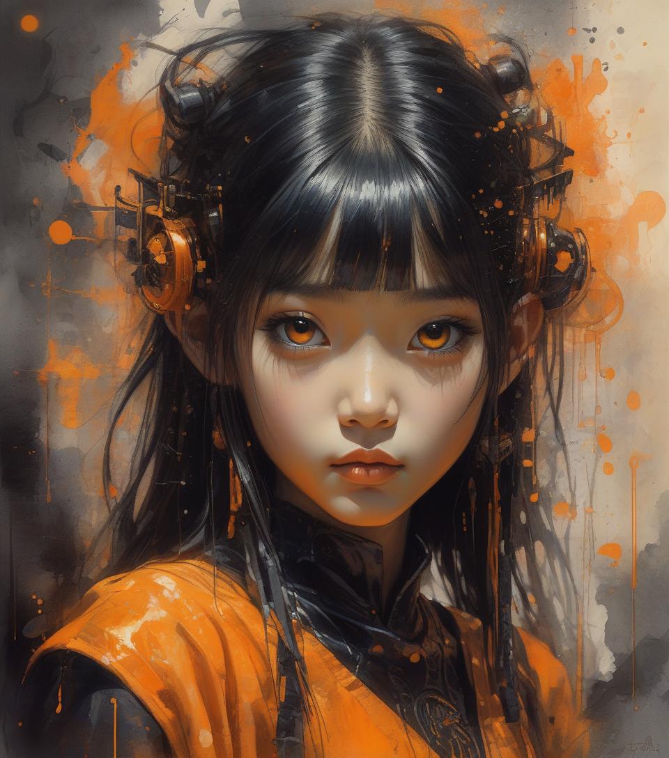  young asian girl, black orange outfit, stylized blender aesthetic, fantastic and surreal composition, digital watercolor wax style and wash intricate watermark images, meticulous craftsmanship infinite artistic style, stunning night vision visually dark influence artistic technologies splash style finely artistic works , combining the styles of michael garmash, martin ansin, brian froud, luis royo, greg rutkowsky, premium effects hire art,