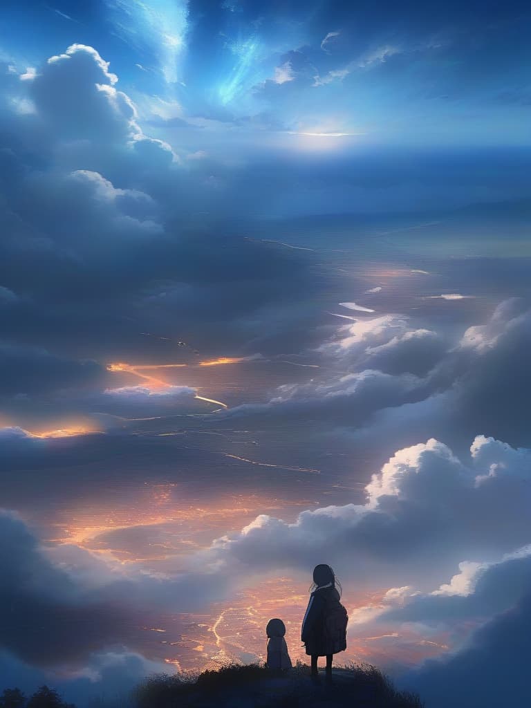  highres,(official art,beautiful and aesthetic:1.2),close view,shining sky,vast world,girl,gazing,awe inspiring expression,distant horizon,clouds,high hill,natural beauty,inspiration,light effects