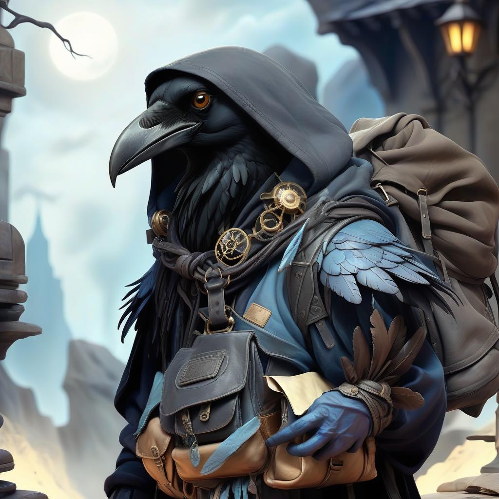  ethereal fantasy concept art of black with blue tint humanoid with raven head alchemist, rags and leather cloak with lots of pockets, tourist back pack bag with pockets, bomb in hand . magnificent, celestial, ethereal, painterly, epic, majestic, magical, fantasy art, cover art, dreamy