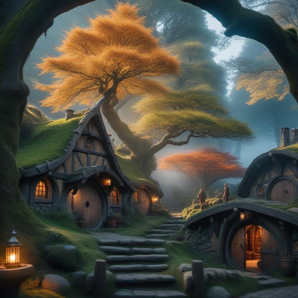  The Land of Hobbits hyperrealistic, full body, detailed clothing, highly detailed, cinematic lighting, stunningly beautiful, intricate, sharp focus, f/1. 8, 85mm, (centered image composition), (professionally color graded), ((bright soft diffused light)), volumetric fog, trending on instagram, trending on tumblr, HDR 4K, 8K