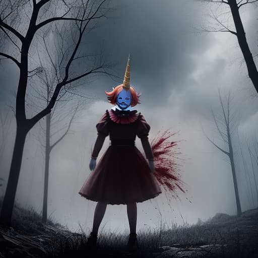 full body, Pennywise fused with a Unicorn, horror theme, bloody, gore, nightmare, masterpiece, fullbody, blood splattered, gruesome, deep cuts, creepy, serial killer, murderer, , ((best quality)), ((masterpiece)), highly detailed, absurdres, HDR 4K, 8K