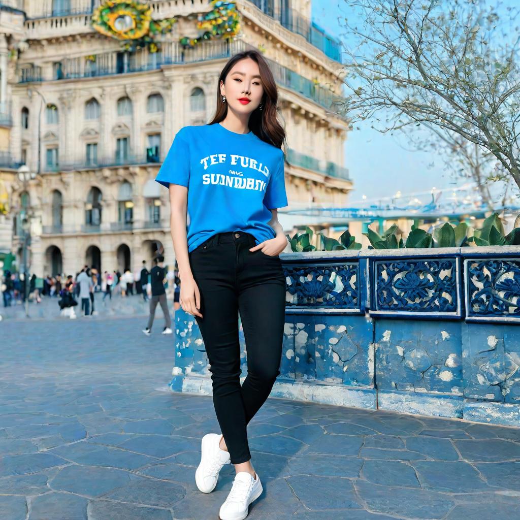  a person wearing a casual outfit, consisting of a blue t shirt, black jeans, and white sneakers, standing in front of the eiffel tower.