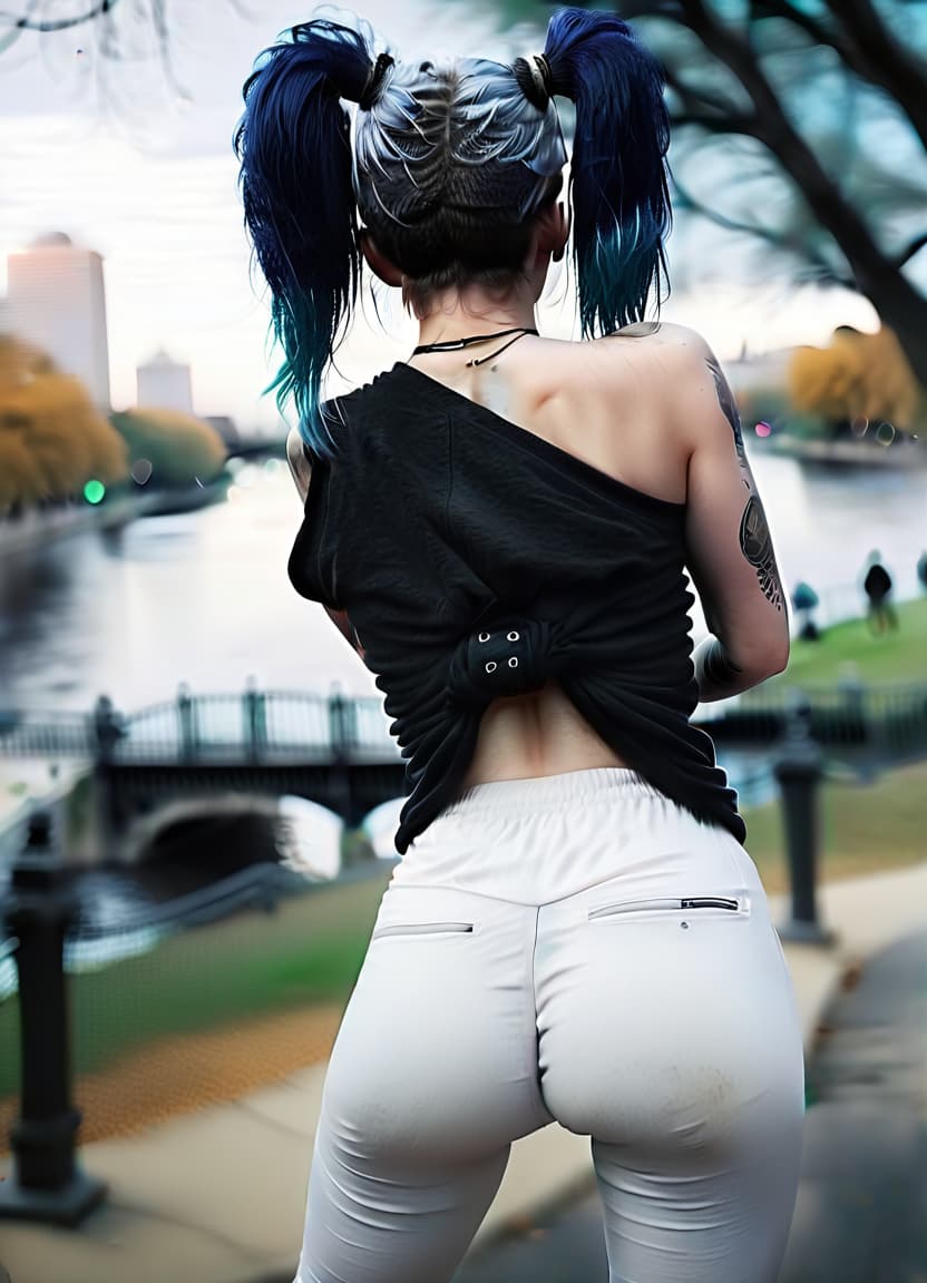  horror themed a back view, a girl with blue hair gathered in a ponytail, gray eyes, a black wool top, white wide pants, a sports ass, a large bust, against the background of a city park with a river. . eerie, unsettling, dark, spooky, suspenseful, grim, highly detailed, perfecteyes