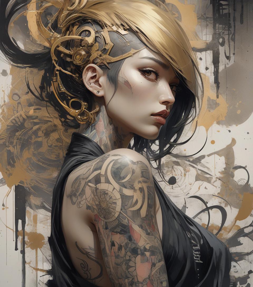  aesthetic, painterly style, modern ink, asian , sensual, dark , yakuza tattoo, expressive pose, urbanpunk, multi layered abstract texture background, neo expressionist, russ mills, ian miller, harrison fisher, brian froud, jeremy mann, steadman, hanuka, klimt, bell, hobbie, newton, greg rutkowski, atmospheric, hyperdetail, artstation trend, artgerm, deviant art, octane, masterpiece, complex art, intricate details, matte film poster painting, golden ratio, trending on cgsociety, incredibly detailed and stunningly beautiful