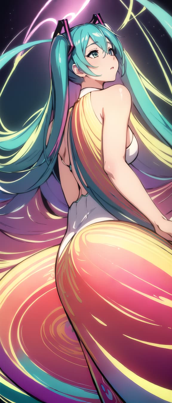  (masterpiece, best quality, highres:1.2), (intricate and beautiful:1.2), (detailed light:1.2), (colorful, dynamic angle), upper body shot, fashion photography of cute, intense long hair, (hatsune miku), dancing pose, flirting with pov, dynamic pose, soft moonlight passing through hair, (abstract colorful art background:1.3), (official art), (cinematic)