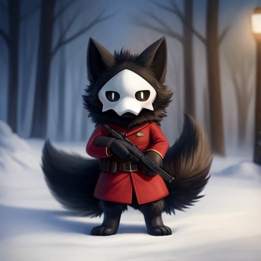  Puro, Red army uniform, Holding a PPSH, brown fur, fluffy, fluffy tail, big tail, snow eviroment, cute, open eyes, digital art, masterpiece, 4k, fine details,