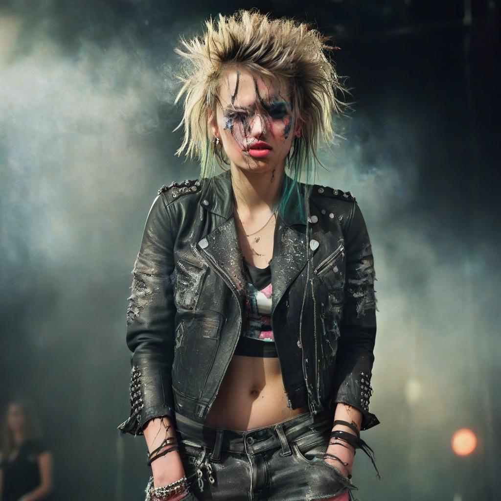  cinematic photo a beautiful punk rock girl on stage, dressed in a ripped leather jacket with studs, torn jeans and high top sneakers with bright laces. her face is narrow and pale, with sharp features and pronounced cheekbones, reflecting her inner strength and determination. her eyes are boldly outlined with black eyeliner, and deep dark eyeshadow adds drama. her lips are covered in rich dark lipstick, with a slightly smudged outline that adds a touch of casualness. her hair is brightly colored, tousled and styled in a chaotic but purposeful mess. she stands on stage, expressing rebellion and passion. smoke swirls around her, and the lighting creates dramatic shadows, emphasizing her energetic and daring presence. nothing superfluous. dete