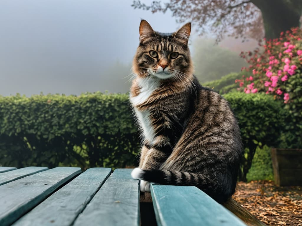  a cat sitting on a bench hyperrealistic, full body, detailed clothing, highly detailed, cinematic lighting, stunningly beautiful, intricate, sharp focus, f/1. 8, 85mm, (centered image composition), (professionally color graded), ((bright soft diffused light)), volumetric fog, trending on instagram, trending on tumblr, HDR 4K, 8K