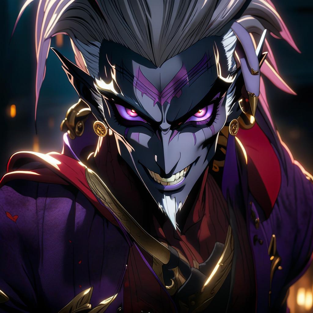  anime artwork dark elf is a male marble white leather, purple hair, with a greasy lavender eye, dressed in a red feolet shirt with red gold above wearing a purple shadow jacket with a leather strip, a hair stylish. a earring in the form of a month. the tattoo near the eye in the form of a dental month whose teeth look towards the eye. . anime style, key visual, vibrant, studio anime, highly detailed hyperrealistic, full body, detailed clothing, highly detailed, cinematic lighting, stunningly beautiful, intricate, sharp focus, f/1. 8, 85mm, (centered image composition), (professionally color graded), ((bright soft diffused light)), volumetric fog, trending on instagram, trending on tumblr, HDR 4K, 8K