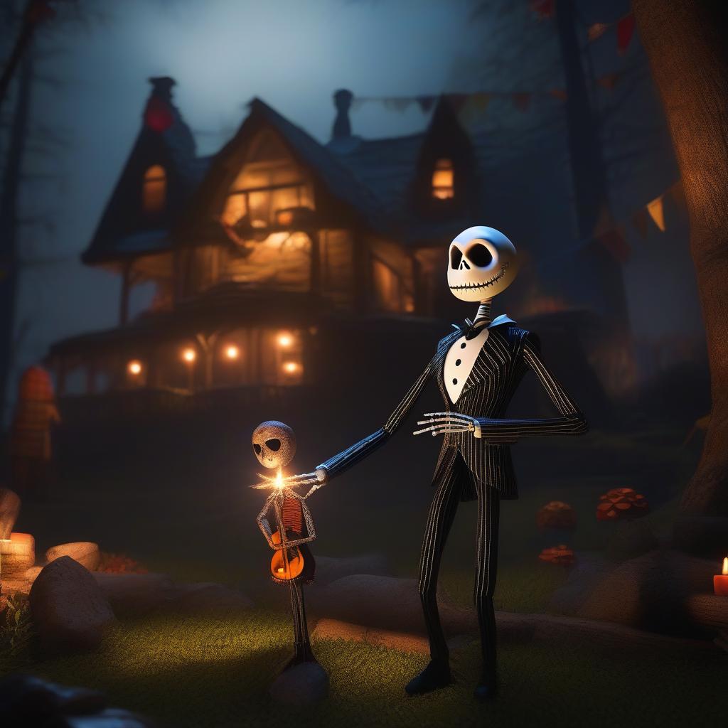  The Nightmare Before Friday the 13th, Jack Skellington and Sally Finklestein, depth of field, cinematic composition, with their son whos a sized Jason Voorhees figure holding a doll who is also dressed like Jason Voorhees , ultra detailed, hyper focus, high res, unreal engine, masterpiece, horror theme, background s crib, full body, ultra detailed, hyper focus, high res, unreal engine, masterpiece,, ((masterpiece)), best quality, very detailed, high resolution, sharp, sharp image, extremely detailed, 4k, 8k