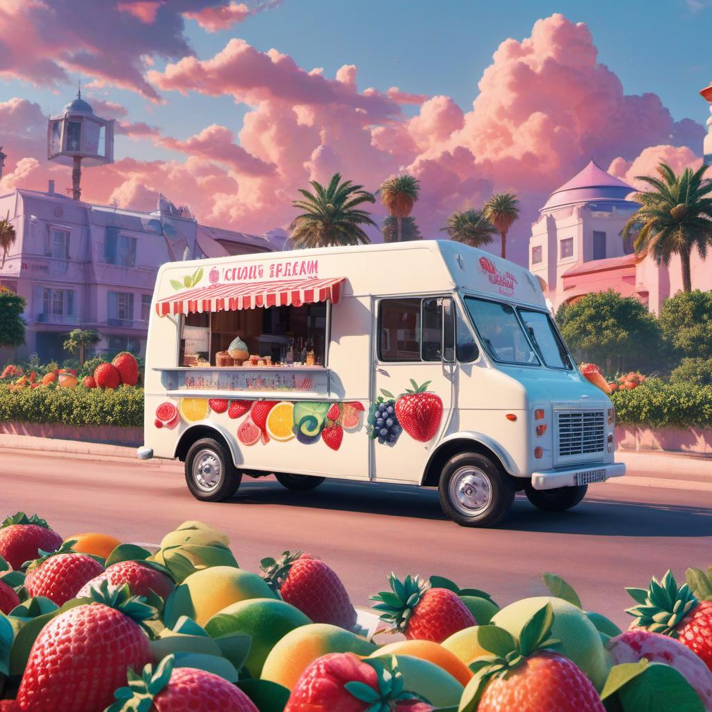  ice cream van, fruit, bright light, rich style., profile image style