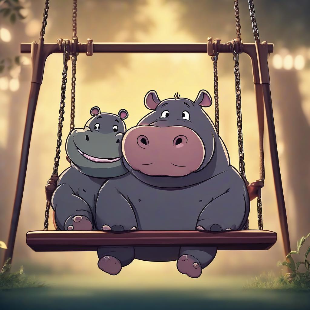  cinematic film still a hippo smiles sitting on a swing, and next to him a puppy picture in anime style . shallow depth of field, vignette, highly detailed, high budget, bokeh, cinemascope, moody, epic, gorgeous, film grain, grainy