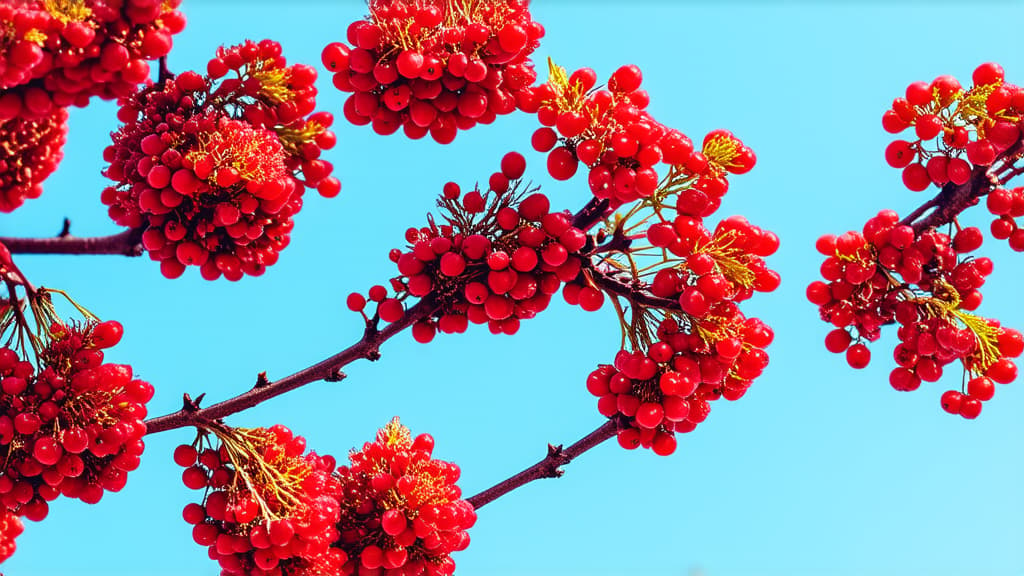  professional detailed photography, red berries of viburnum on a delicate sky blue background. flat lay, top view, copy space ar 16:9, (muted colors, dim colors, soothing tones), (vsco:0.3)