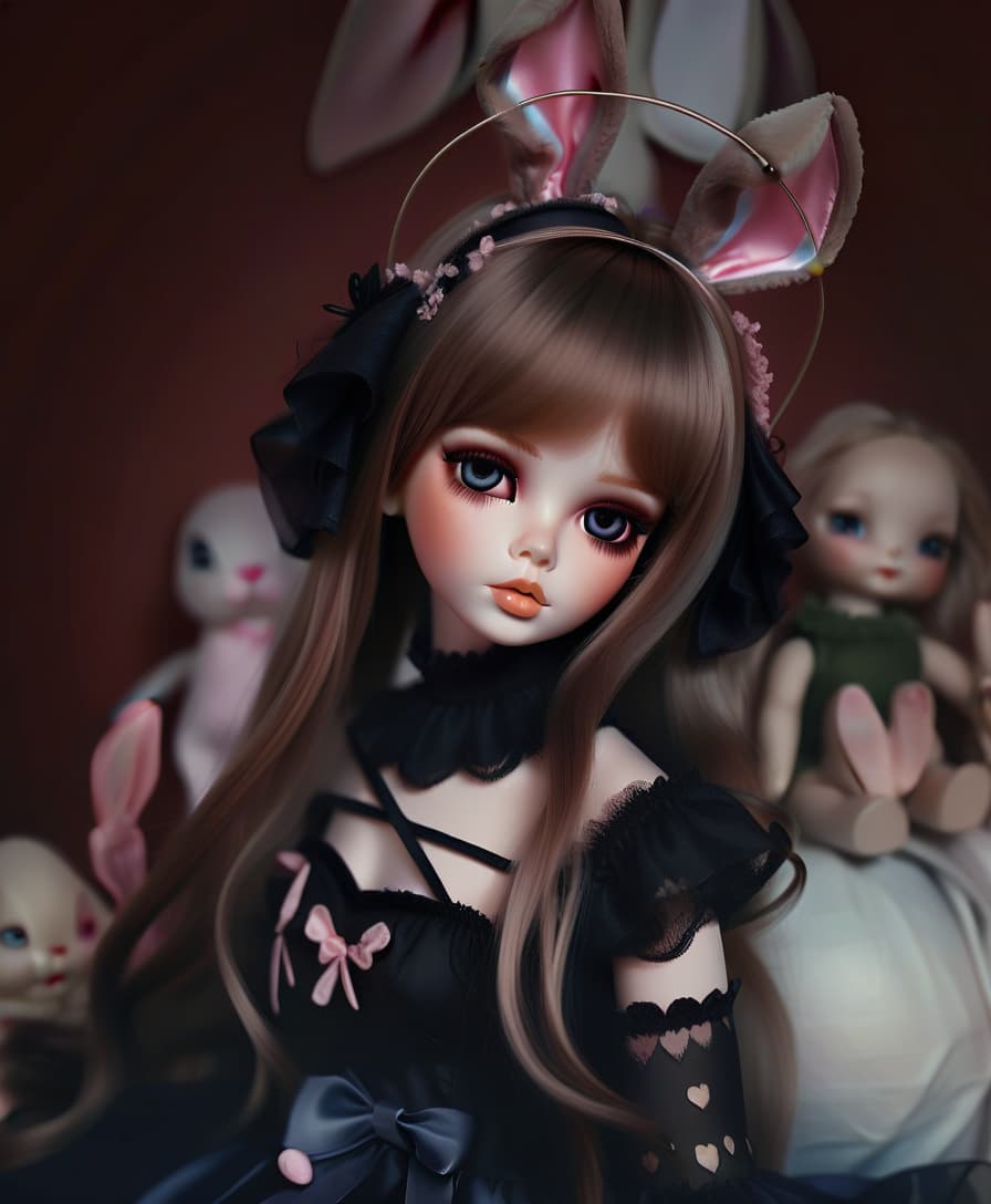  concept art a doll with long hair is posing a beautiful girl doll with bunny ears is a must. delicate colors and shades . digital artwork, illustrative, painterly, matte painting, highly detailed