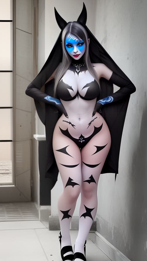  Black and blue bat-shaped body paint in every corner of the whole body, White body paint all over the body, grey face paint on the face, Dark elf,full body image female