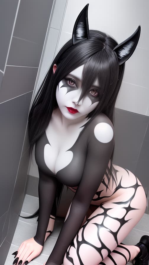  Black and white bat-shaped body paint in every corner of the whole body, grey body paint all over the body, grey face paint on the face, succubus,full body image female