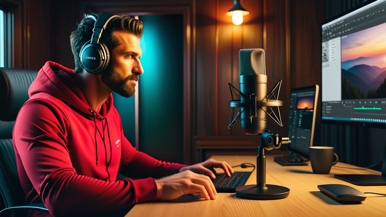  a cozy podcast studio setup featuring a microphone on a boom arm, headphones, a laptop displaying audio editing software, soundproof panels on the walls, and a coffee cup on a wooden desk. hyperrealistic, full body, detailed clothing, highly detailed, cinematic lighting, stunningly beautiful, intricate, sharp focus, f/1. 8, 85mm, (centered image composition), (professionally color graded), ((bright soft diffused light)), volumetric fog, trending on instagram, trending on tumblr, HDR 4K, 8K