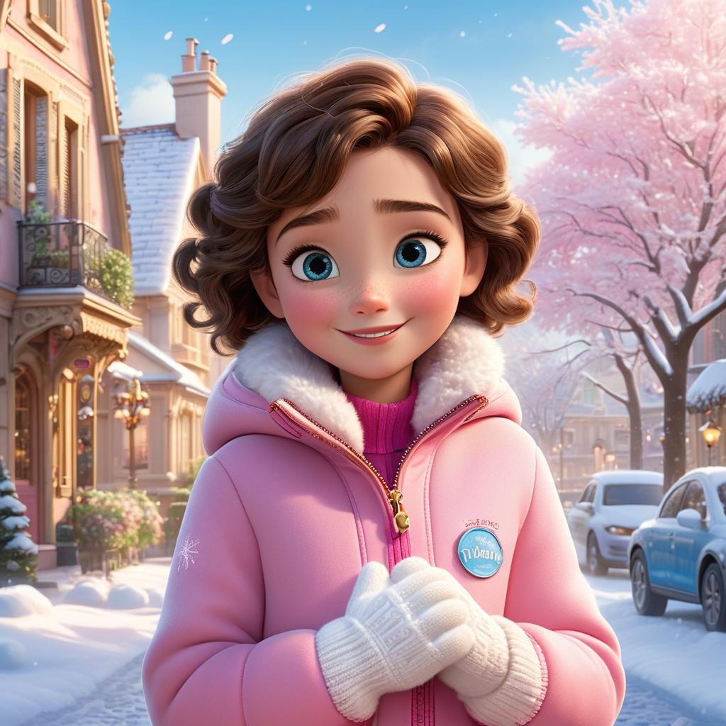  in 3d animated movie style. disney pixar style. paris, a old with short curly brown hair and bright blue eyes, dressed in a cozy pink winter jacket and matching mittens, wakes up to a snowy morning with fluffy snowflakes falling gently around her, creating a winter wonderland. high resolution pixar 3d animated film style with detailed rendering captures the warmth and magic of the snowy day in soft pink colors for paris's outfit and bright white snow, ed in a warm, golden light from the rising sun. bird's eye view shows paris standing in front of her house with a smile, looking excitedly at the snow covered yard as she plans to build a snowman.