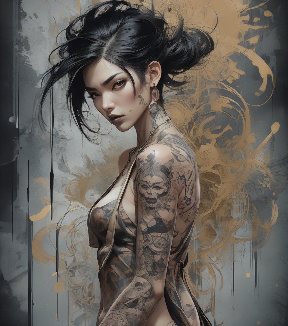  aesthetic, painterly style, modern ink, asian , sensual, dark , yakuza tattoo, expressive pose, urbanpunk, multi layered abstract texture background, neo expressionist, russ mills, ian miller, harrison fisher, brian froud, jeremy mann, steadman, hanuka, klimt, bell, hobbie, newton, greg rutkowski, atmospheric, hyperdetail, artstation trend, artgerm, deviant art, octane, masterpiece, complex art, intricate details, matte film poster painting, golden ratio, trending on cgsociety, incredibly detailed and stunningly beautiful