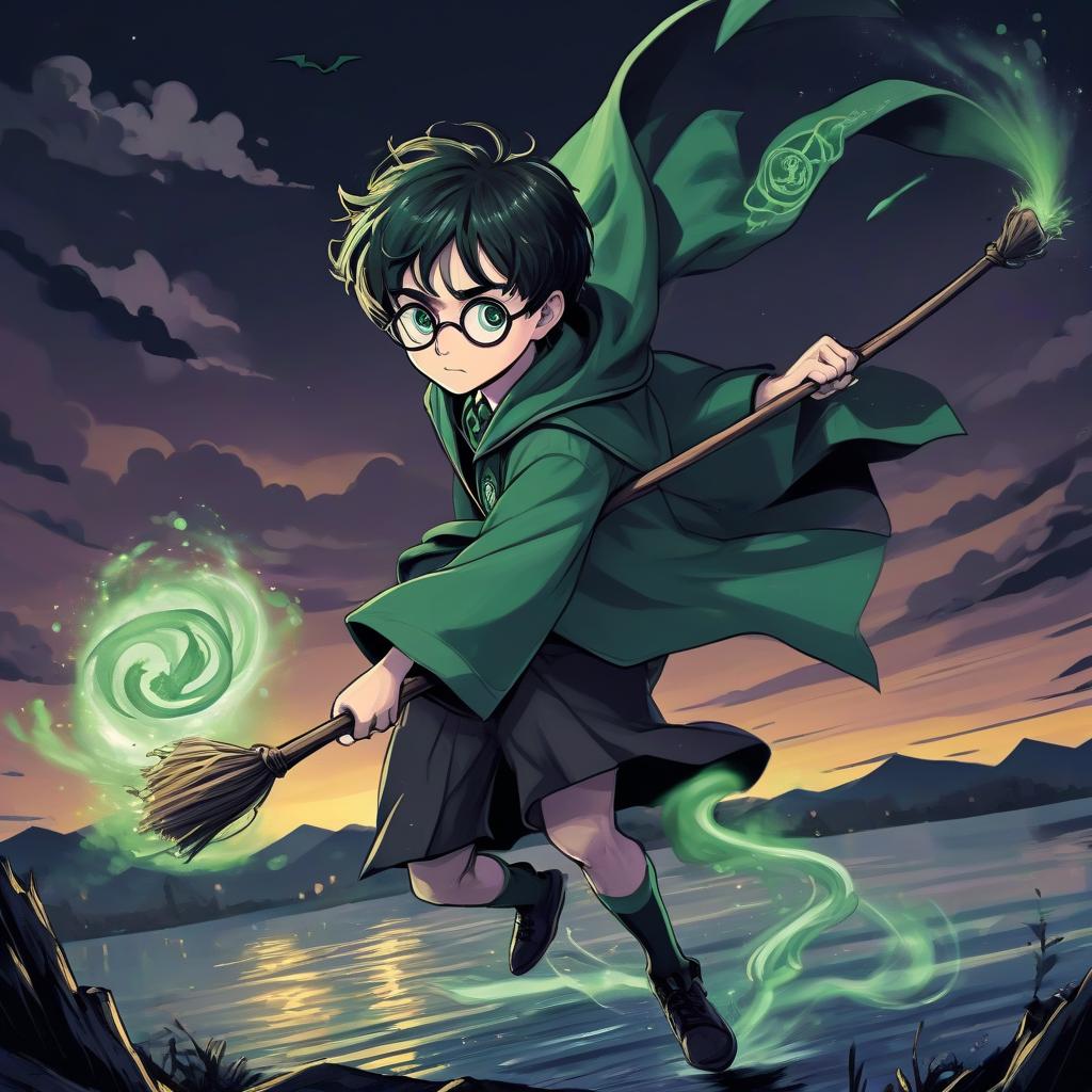  manga style courageous harry potter, shaped like slytherin, flies on a broomstick over a black lake, night, anime style . vibrant, high energy, detailed, iconic, japanese comic style